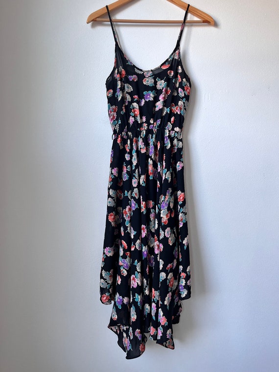 vintage 70s rayon handkerchief hem floral dress b… - image 1