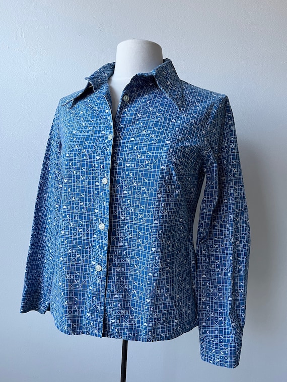 vintage 70s abstract symbols print cotton blouse … - image 4