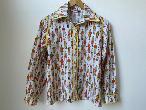 vintage 70s novelty print button down shirt milit… - image 5