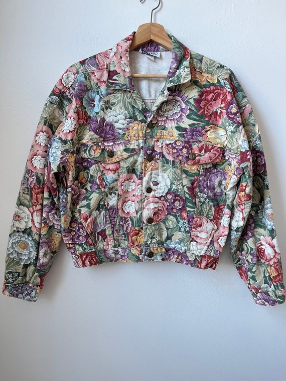 vintage pastel floral denim jacket 80s 90s floral 