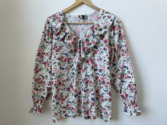 vintage 90s frilly ruffled floral print blouse 19… - image 1