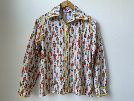 vintage 70s novelty print button down shirt milit… - image 2