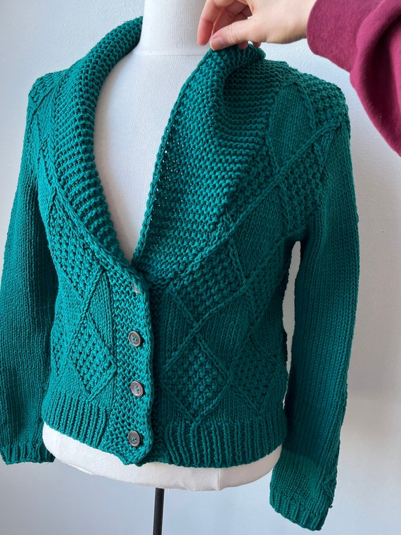 vintage 70s 80s teal cotton shawl collared cardig… - image 7