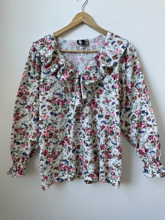 vintage 90s frilly ruffled floral print blouse 19… - image 2