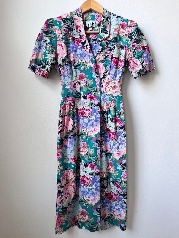 vintage 80s floral cotton shirtdress 1980s collar… - image 1