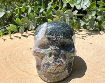 Gorgeous Moss Agate Skull Carving *Prosperity *Grounding *Self-expression