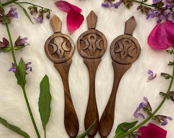 Hand Carved Triple Moon Goddess Wooden Altar Spoon