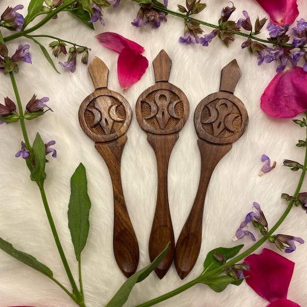 Hand Carved Triple Moon Goddess Wooden Altar Spoon