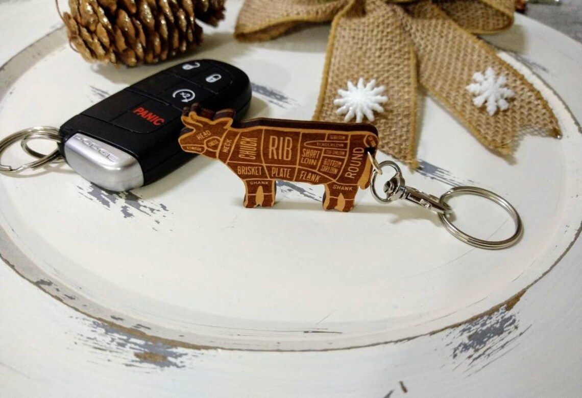 Keychain featuring laser engraved cuts of meat holiday Etsy