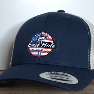 Bass Hole Bait and Tackle design with American Flag on a retro trucker style hat makes a perfect gift for the true fishing enthusiast!