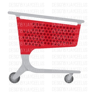 May include: A red shopping cart illustration with a gray handle, frame, and wheels. The cart's body features a dotted pattern. The text "DESIGNBYJAYCEELUS" is repeated across the image in a light gray color.