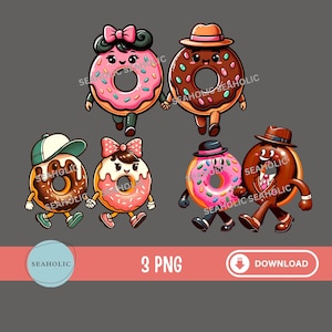 Donuts Clipart, Retro Donut Bundle PNG, Funny Cute Donut Birthday Party, Donut Anniversary, Donut Valentine PNG, Doughnut PNG Theme Card