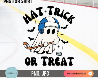 Kids Hockey Halloween PNG for shirt, Hat Trick or Treat Halloween PNG, Funny Kid's Halloween costume, Cute Ghost Playing Ice Hockey PNG