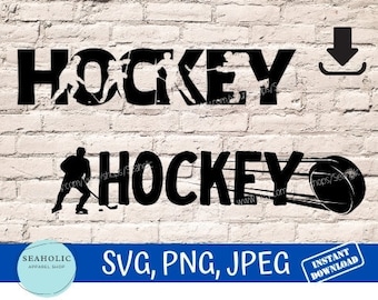 May include: Black and white graphic design of two hockey players with the word "HOCKEY" written twice. The second word "HOCKEY" is written with a hockey stick and puck graphic.