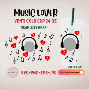 Music Lover for Cold cup 24oz wrap, Music Note SVG seamless wrap, Music Note cutfies for Cricut Silhouette, Music SVG digital file