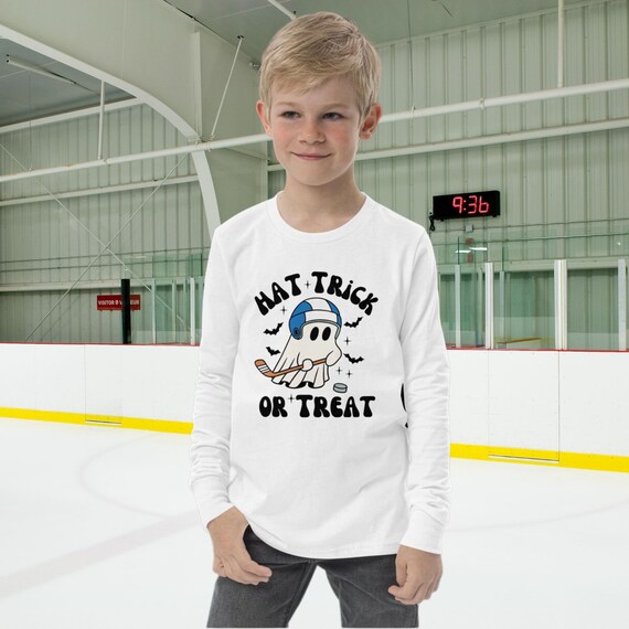 Kids Hockey Halloween Long Sleeve Shirt, Hat Trick or Treat