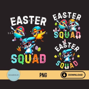 Puede incluir: Una ilustración digital de un conejo de Pascua, un pollito y un huevo con gafas de sol y sombreros, con el texto "Easter Squad" en letras de colores.