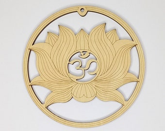 Découpe laser, FLEUR DE LOTUS, OM, 14 cm, 30 cm, macramé, couronne de porte, plaque de porte, porte-bonheur, bois, anneau en bois, anneau macramé