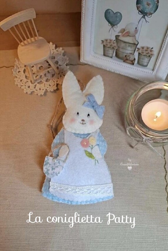 felt bunny in blue dress Felt White Bunny