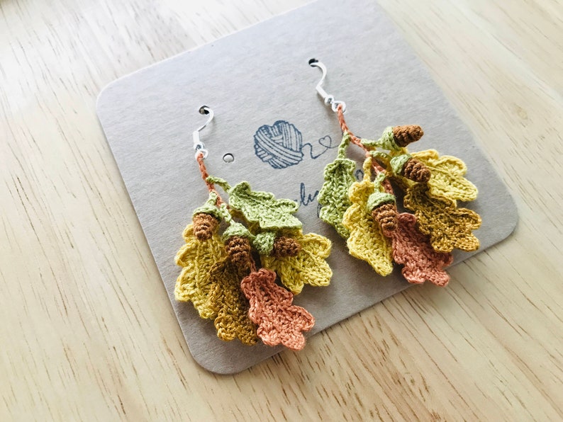 Oak Leaves and Acorns Crochet Earrings, Leaves Earrings, Crochet Earrings, Cute Earrings, Handmade Earrings, Birthday Gift, Gift for friend image 3