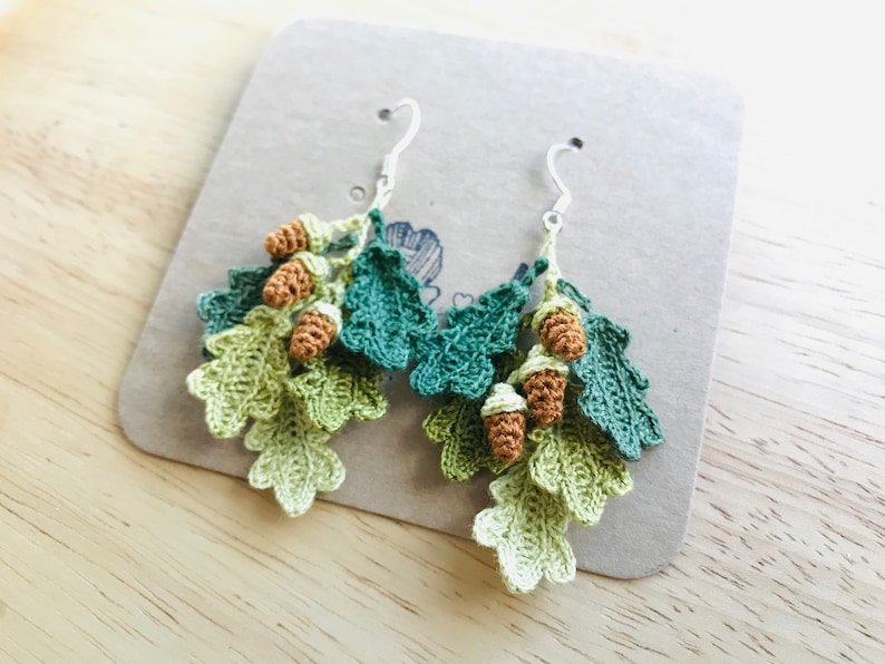 Oak Leaves and Acorns Crochet Earrings, Leaves Earrings, Crochet Earrings, Cute Earrings, Handmade Earrings, Birthday Gift, Gift for friend image 5