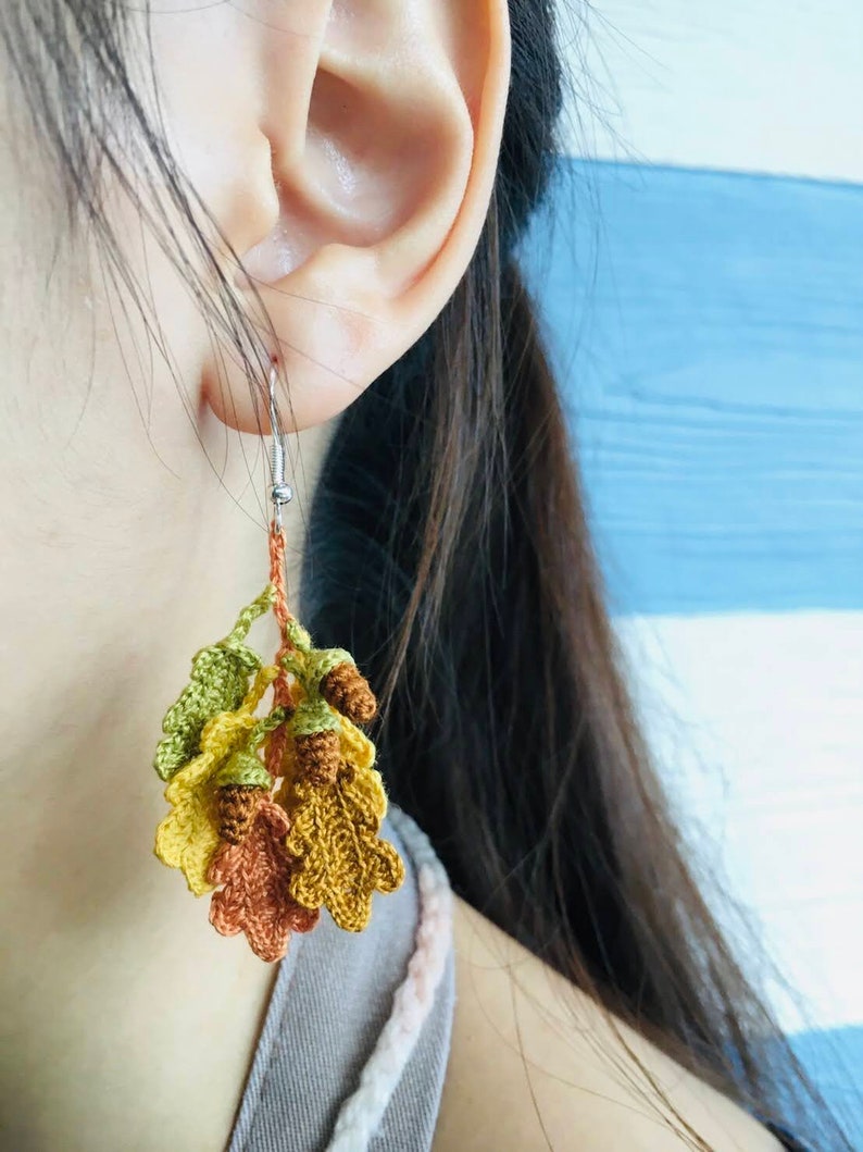 Oak Leaves and Acorns Crochet Earrings, Leaves Earrings, Crochet Earrings, Cute Earrings, Handmade Earrings, Birthday Gift, Gift for friend image 9