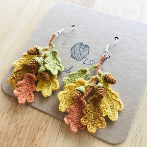 Oak Leaves and Acorns Crochet Earrings, Leaves Earrings, Crochet Earrings, Cute Earrings, Handmade Earrings, Birthday Gift, Gift for friend Autumn