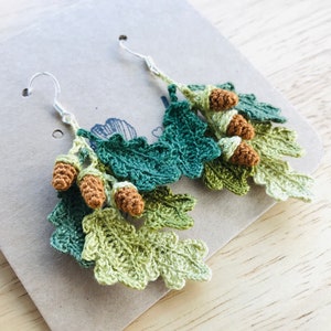 Oak Leaves and Acorns Crochet Earrings, Leaves Earrings, Crochet Earrings, Cute Earrings, Handmade Earrings, Birthday Gift, Gift for friend Summer