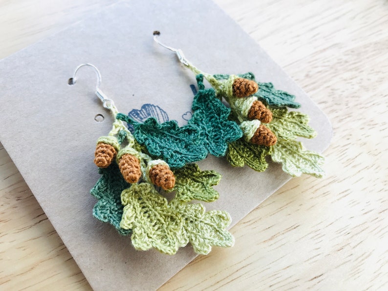 Oak Leaves and Acorns Crochet Earrings, Leaves Earrings, Crochet Earrings, Cute Earrings, Handmade Earrings, Birthday Gift, Gift for friend Summer