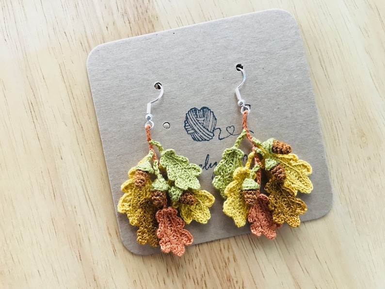 Oak Leaves and Acorns Crochet Earrings, Leaves Earrings, Crochet Earrings, Cute Earrings, Handmade Earrings, Birthday Gift, Gift for friend image 4