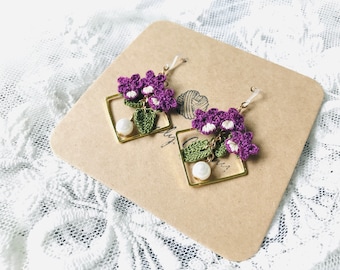 Violet Flowers Crochet Earrings, Flowers Crochet Earrings, Cute Crochet Earrings, Flowers Earrings, Handmade Earrings, Birthday Gift, Gift