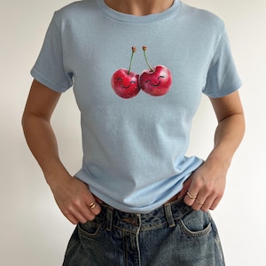 Y2K Red Cherries Cropped Baby Tee | Cherry Design | Vintage Aesthetic 2000s Style Womens Summer Crop Top | Trendy Crop Top
