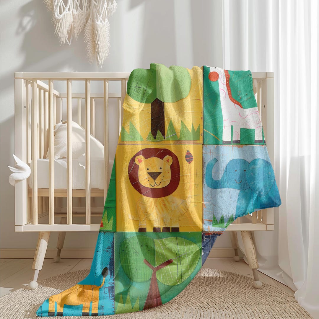 Cute Safari Animals Baby Blanket Lions, Elephants, Giraffes Collage Art ...