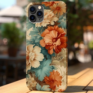 Rustic Floral iPhone Snap Tough Case, Teal Orange Beige Vintage Aesthetic Design, Ideal for Protecting iPhone 15,14,13,12,11 Pro Max