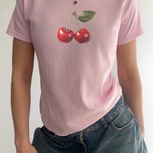Y2K Red Cherries Cropped Baby Tee | Glossy Watercolour Cherry Design | Vintage Aesthetic 2000s Style Women&#39;s Summer Crop Top | Coquette Tee