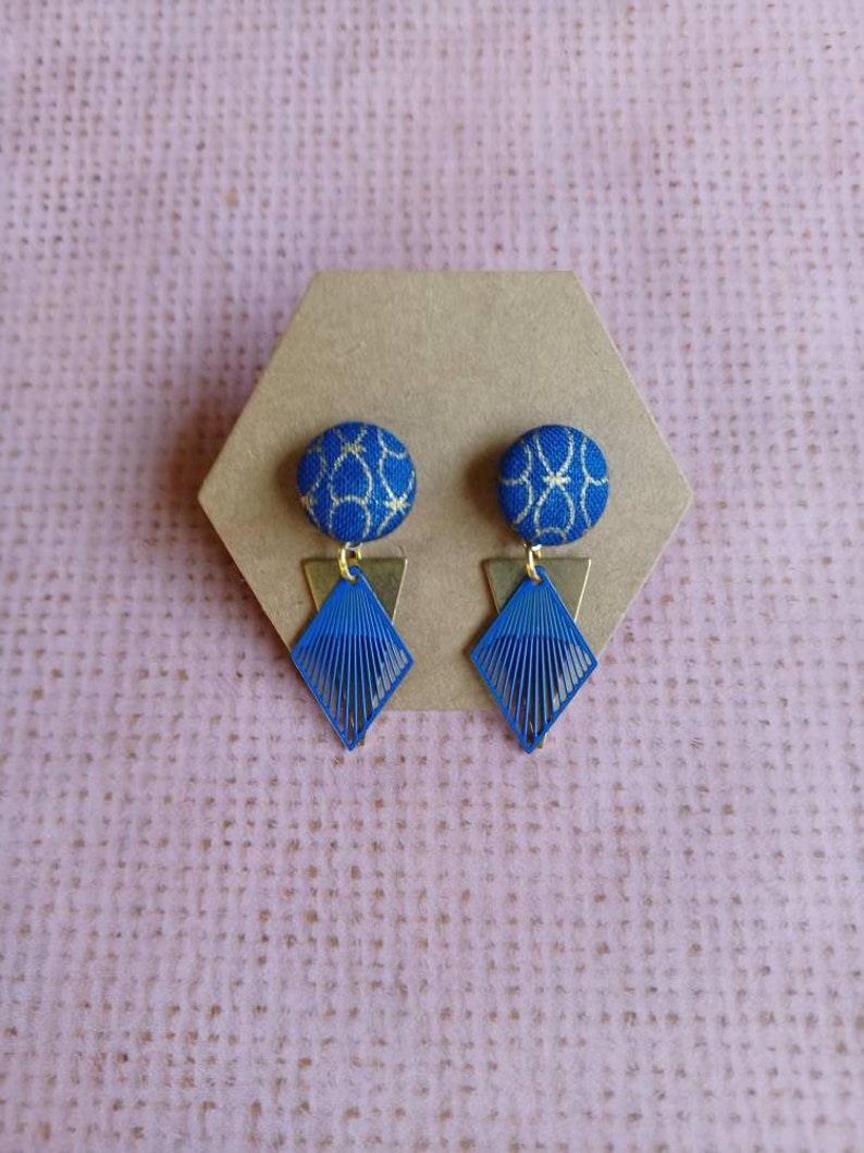 Painted Brass Earrings Fabric Button Dangle Earrings Fabric Button Dangle Blue Earrings Fabric Earrings