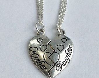 Mother Daughter Split Heart Silver Necklace Set