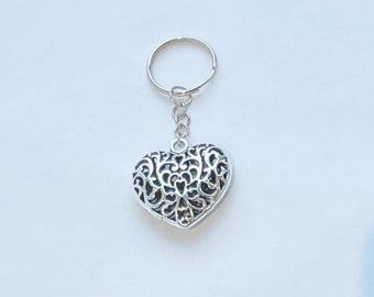 handmade silver stainless steel keychain with large puffed tibetan silver filigree heart
