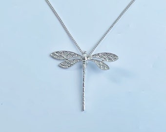 Matinee length silver dragonfly necklace, silver necklace, pretty dragonfly neckalce