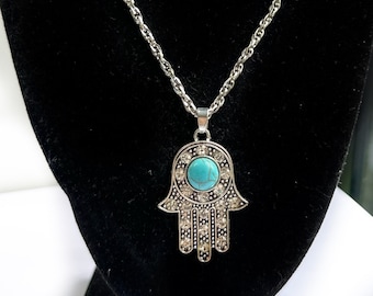 304 Stainless Steel Pendant Necklaces with large Hand of Fatima, Hamsa Hand charm, Hand of Miriam charm.