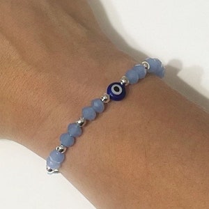 pretty blue cord bracelet with blue evil eye and delicate silver beads, wish bracelet, friendship bracelet, evil eye, gift, thank you