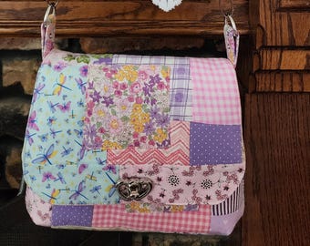 Custom Pink and Purple Mini Messenger Bag - Handmade Patchwork