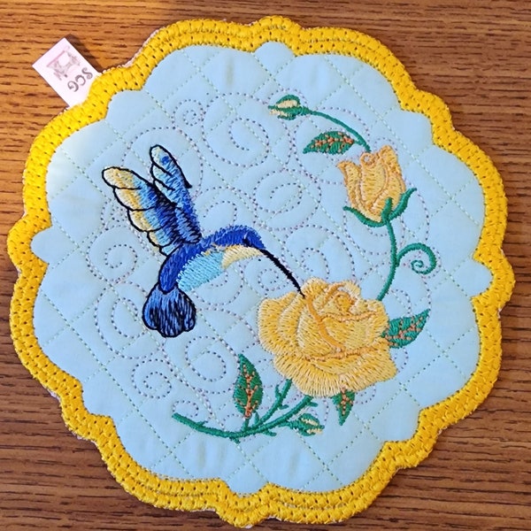 Mug Rug - Single - Hummingbird and Yellow Rose of Texas