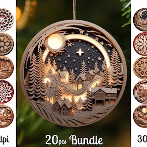 Wood Carving 3D Christmas Tree Ornaments Bundle Sublimation / Round Christmas Ornaments / Png