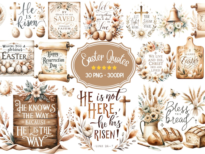 Easter Quotes PNG Bundle, 30 Watercolor Easter Collection Clipart, Religious Clipart, Christian Easter Clipart, Easter Sayings PNG image 1