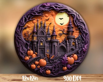 3D Halloween Round Sublimation Design, Halloween Round Sign PNG, Halloween Round Wreath PNG, Door decor, Download