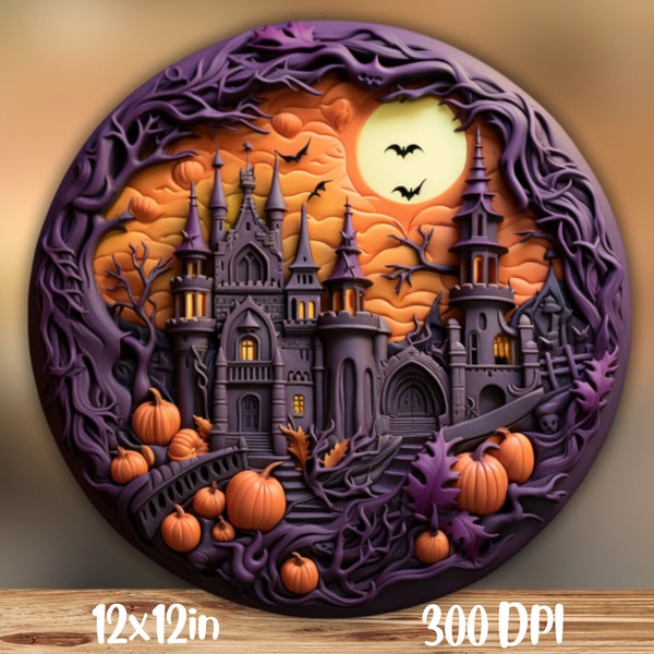 3D Halloween Round Sublimation Design, Halloween Round Sign PNG, Halloween Round Wreath PNG, Door decor, Download