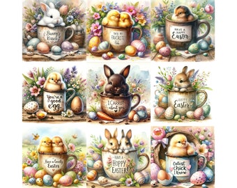 Easter Squared Sublimation Bundle, 10 Easter Square Clipart Png, Funny Easter Quotes, Easter Bunny, Digital Download