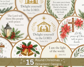 May include: A collection of 15 round Christmas ornament designs. Each ornament features a different religious-themed illustration, including a nativity scene, cross, bells, and floral arrangements, with accompanying Bible verses. The ornaments have a rustic, vintage aesthetic.
