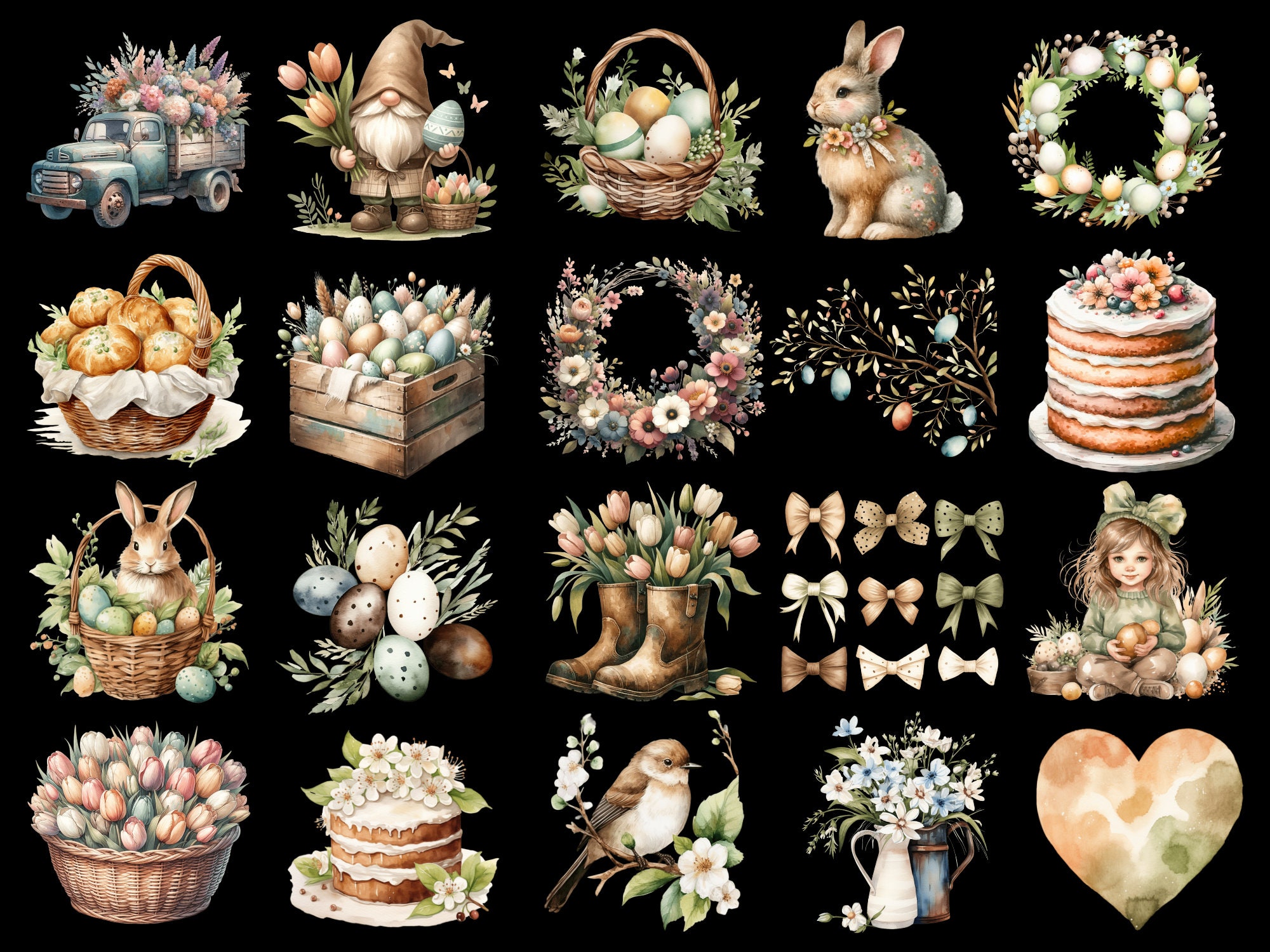Watercolor Easter Clipart Bundle: Rustic Spring PNG Graphics (digital ...